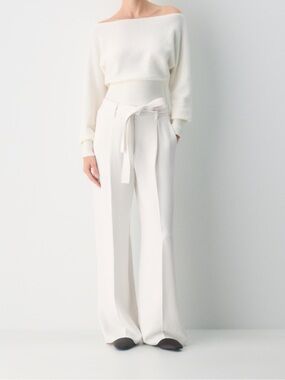 Wilfred Shimmy Cream High-Waist Wide-Leg Pants with Tie Belt
